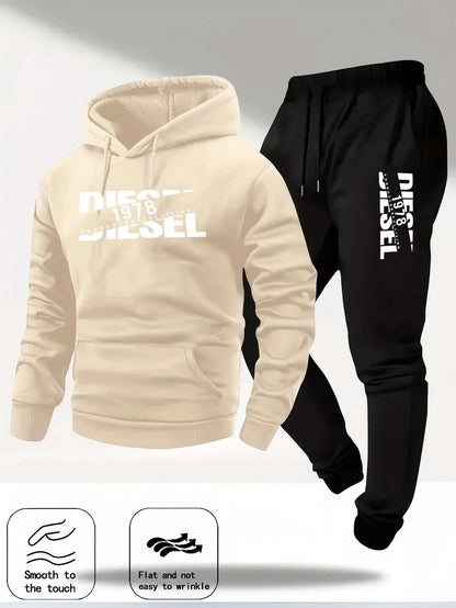 Men Fashion Print Tracksuit Hooded Sweatshirt + Sweatpants Set