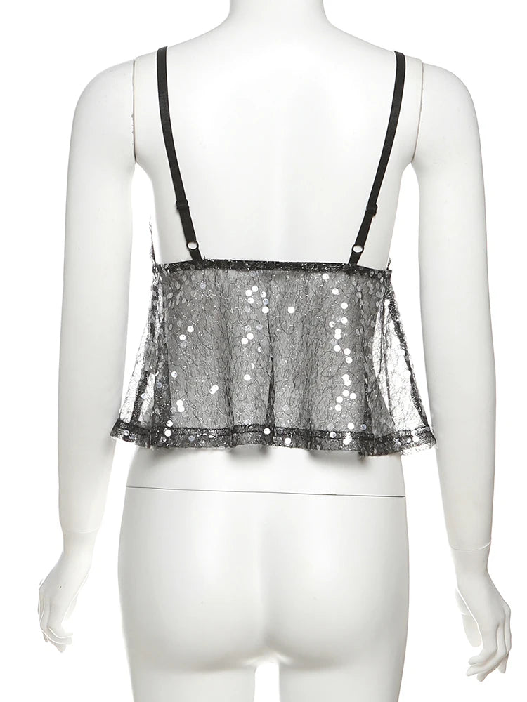 Weird Puss Sequins Patchwork Mesh Camisole Women
