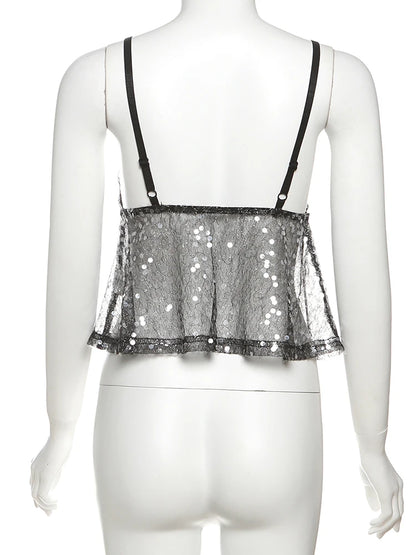 Weird Puss Sequins Patchwork Mesh Camisole Women