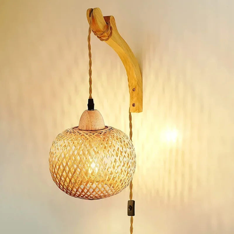 Bamboo Lantern Wall Lamp Natural Rattan Wicker E27 Chandeliers