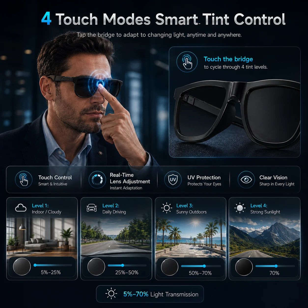 New Touch-Color Change Smart Audio Glasses Men AI Video