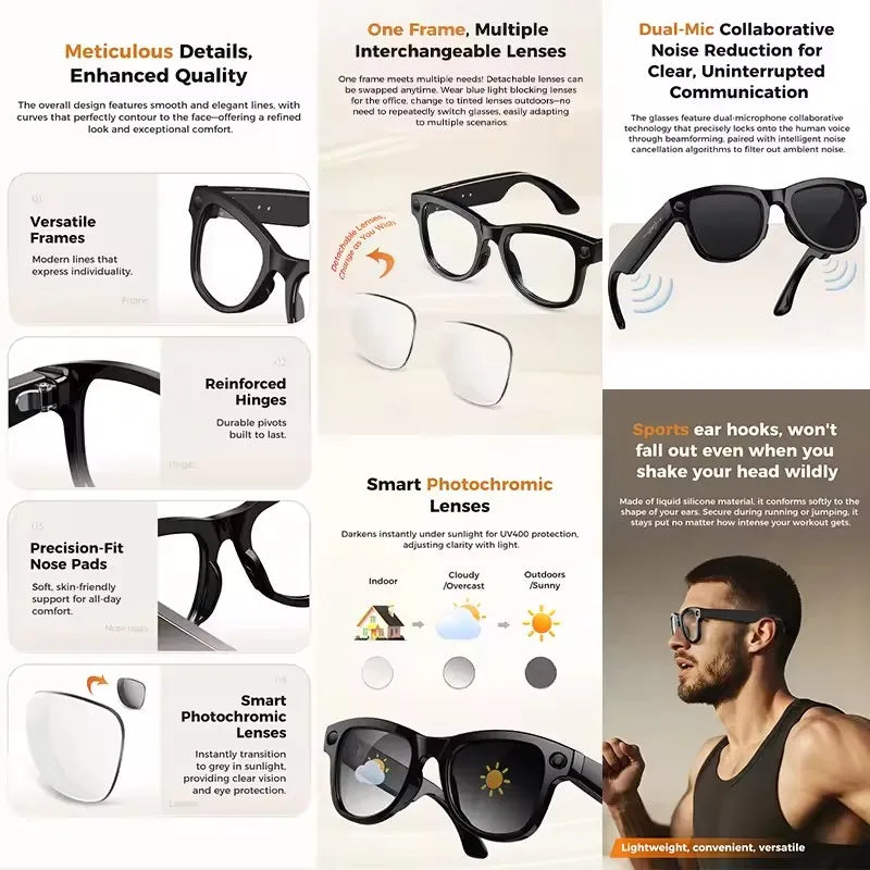 New 3600mAh Large Battery Smart Glasses 8MP HD Camera