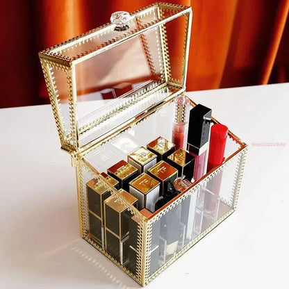 Golden Makeup Organizer Storage Box Glass Cosmetic