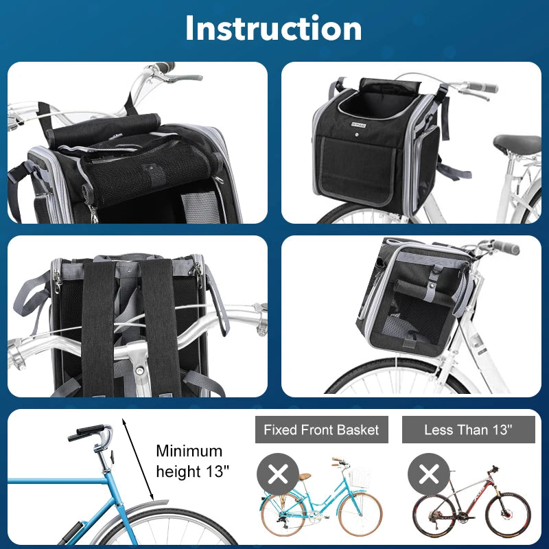 Dog or Cat Bike Basket, Expandable Soft Sided Pet Carrier