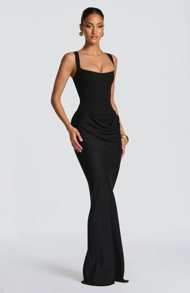 Solid Pleated Sling Dress Women Square Neck Sleeveless