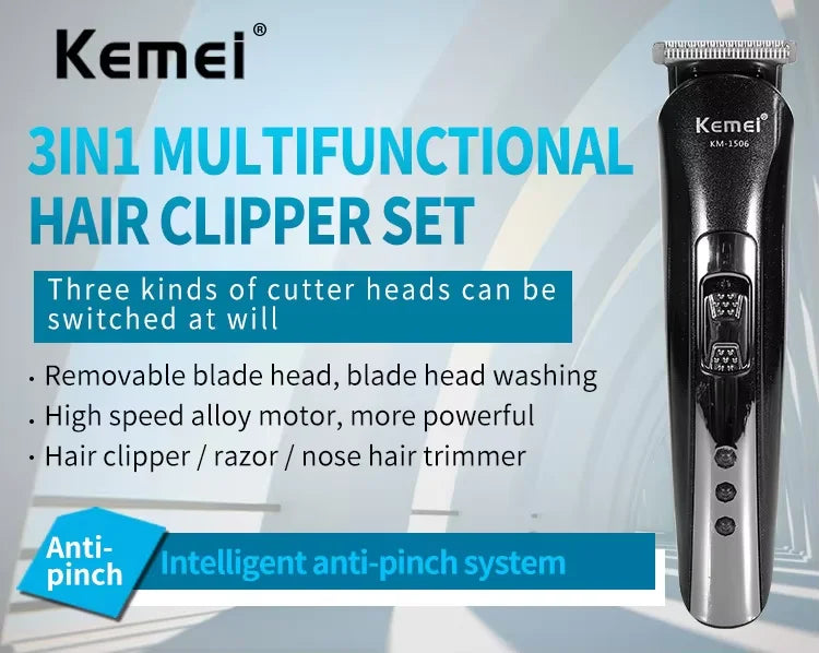 Kemei KM-1506 3 in 1 Electric Hair Clipper USB Charging Shaver