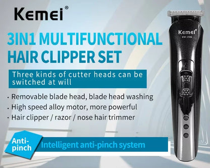 Kemei KM-1506 3 in 1 Electric Hair Clipper USB Charging Shaver