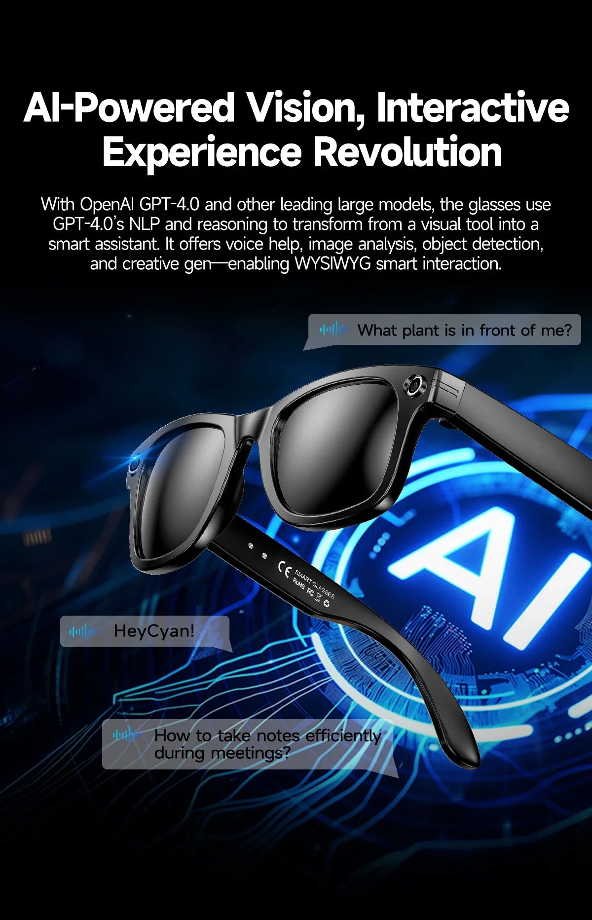 AI Smart Glasses with 8MP Camera Video Recording 100+ Languages