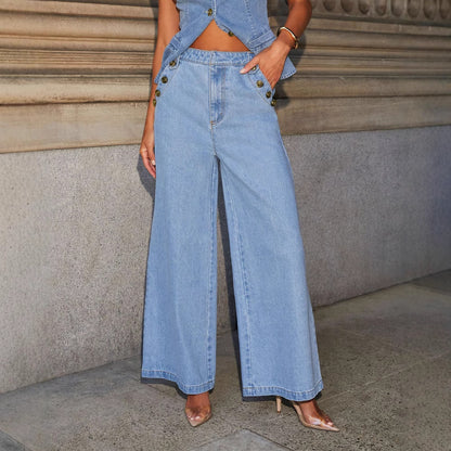 Denim Vest Suits Fashion Sleeveless Button Tops And Wide Leg