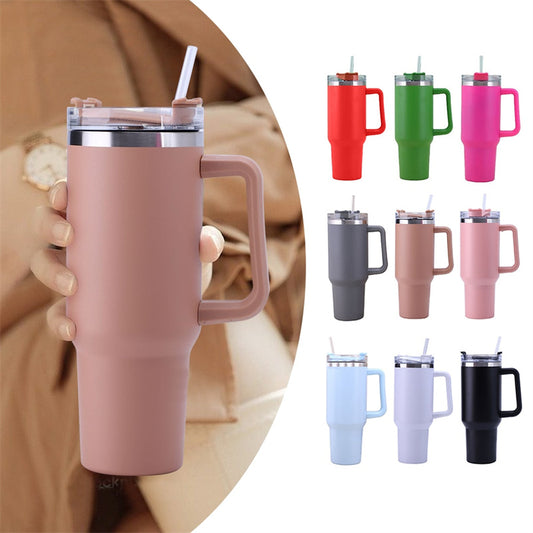 Straw Coffee Insulation Cup With Handle Portable Car Stainless Steel Water Bottle