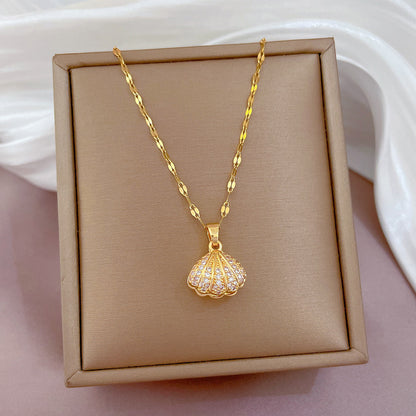Shell Pearl Necklace With Rhinestones Jewelry