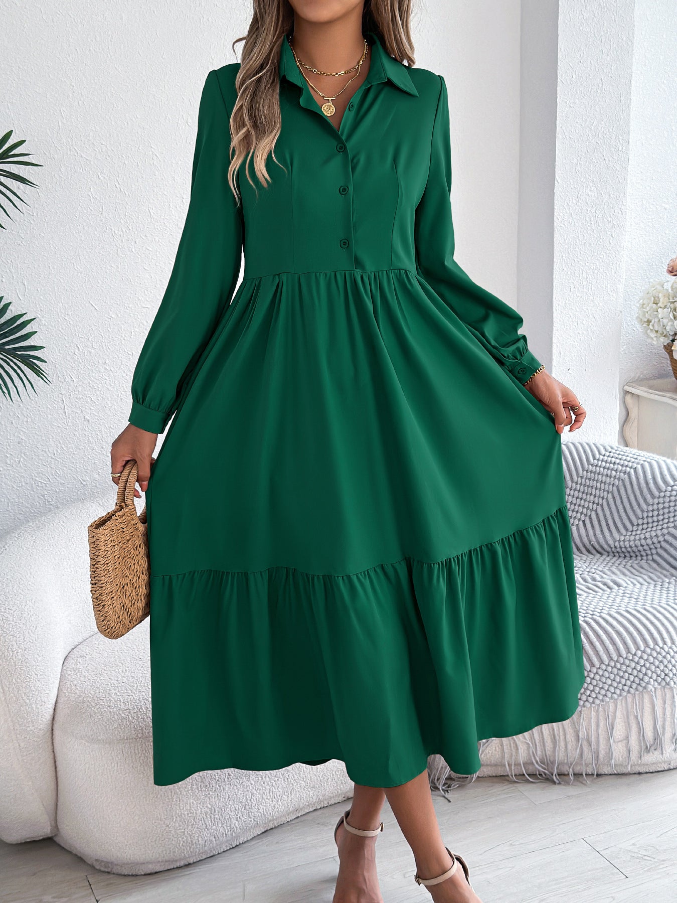 Women's Lapel Casual Loose Long Sleeve Ruffled Shirt Dresses