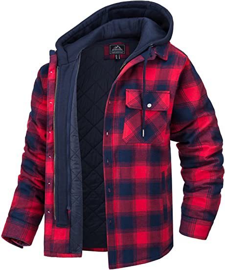 Men's Plaid Hooded Coat Winter Warm Button Zip-up Jacket