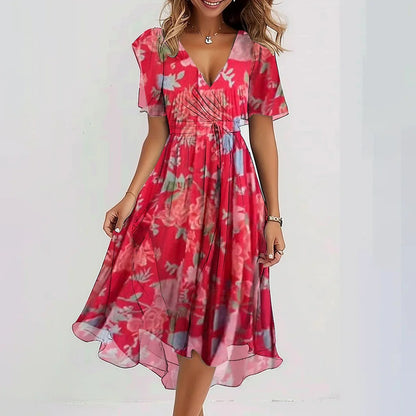 Chiffon Printed Short Sleeve Dress Summer Elegant