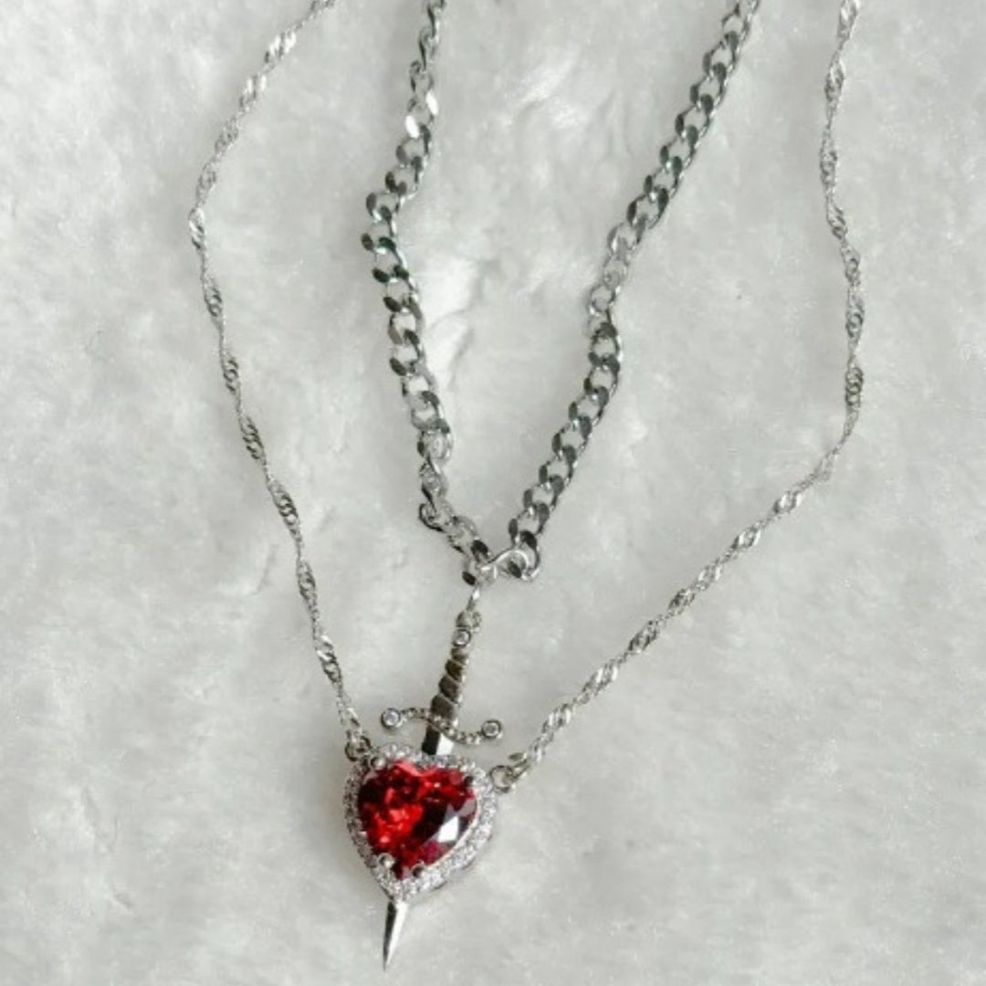 New Heart And Sword Necklace Set Gold Color Stainless Steel