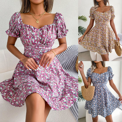 Women Mini Dress Temperament Big Swing Loose Hem Flower