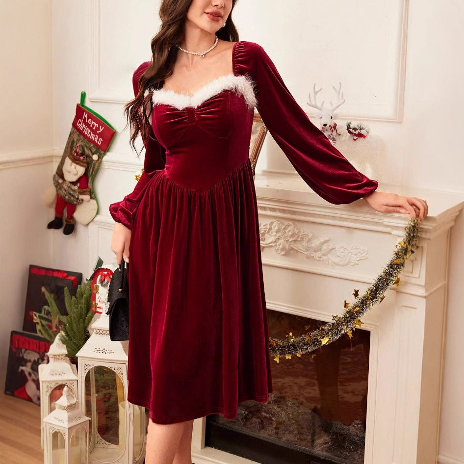 Women's Vintage Christmas Party Long Sleeve Red Velvet Dress