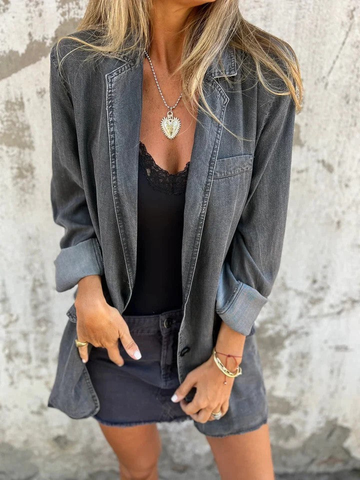 Lapel Shirt Jacket Ins Fashion Solid Color Long-sleeved Denim