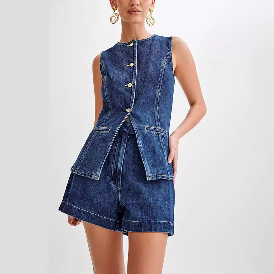 Fashion Denim Suit Summer Casual Sleeveless Button Vest