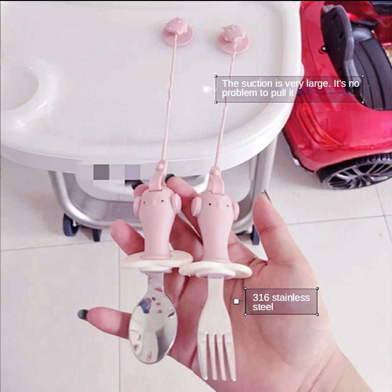 Infant Stainless Steel Training Spoon Fork Silicone Anti-drop Children's Spoon Suction Cup Anti-drop Chain