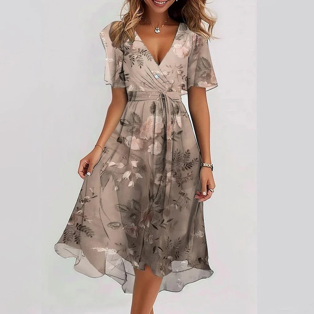 Chiffon Printed Short Sleeve Dress Summer Elegant