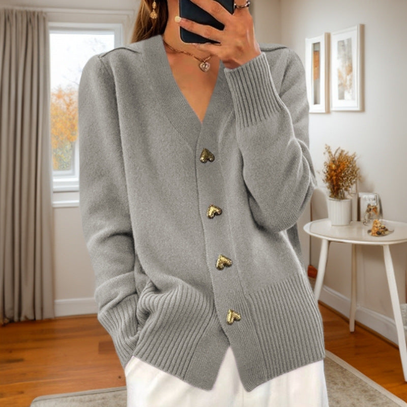 V-neck Knitted Sweater With Love Button Fashion Solid Long-sleeved