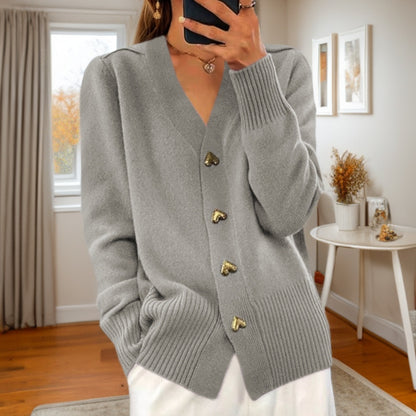 V-neck Knitted Sweater With Love Button Fashion Solid Long-sleeved