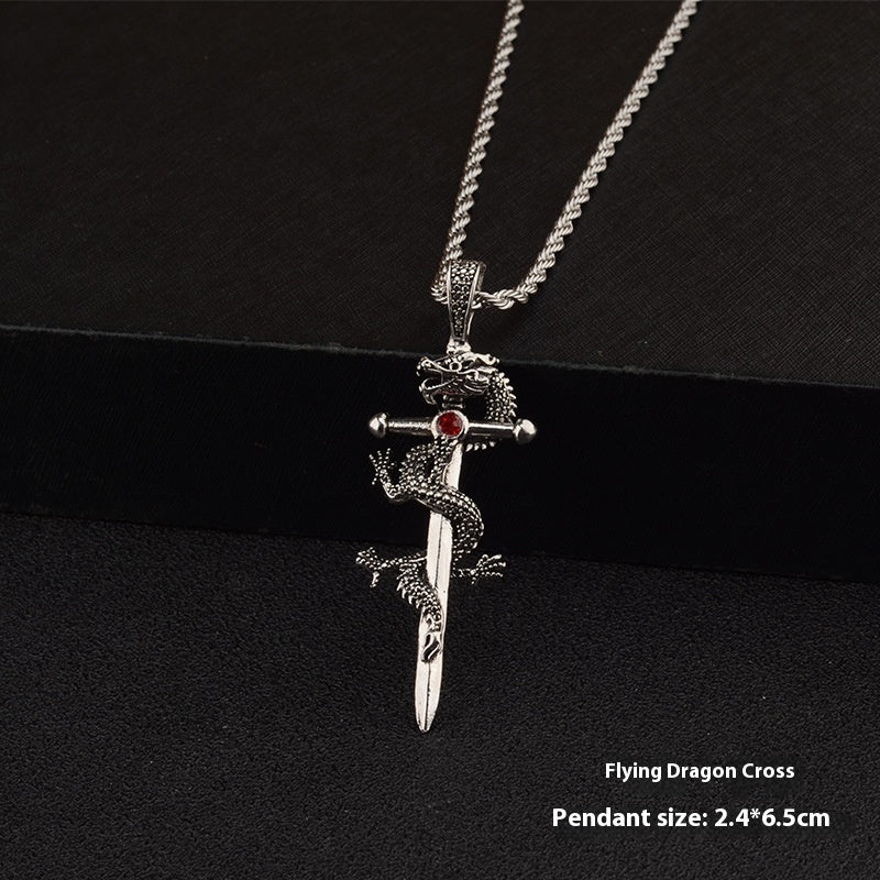 Fashion Jewelry Dragon Sword Pendant Necklace Paved