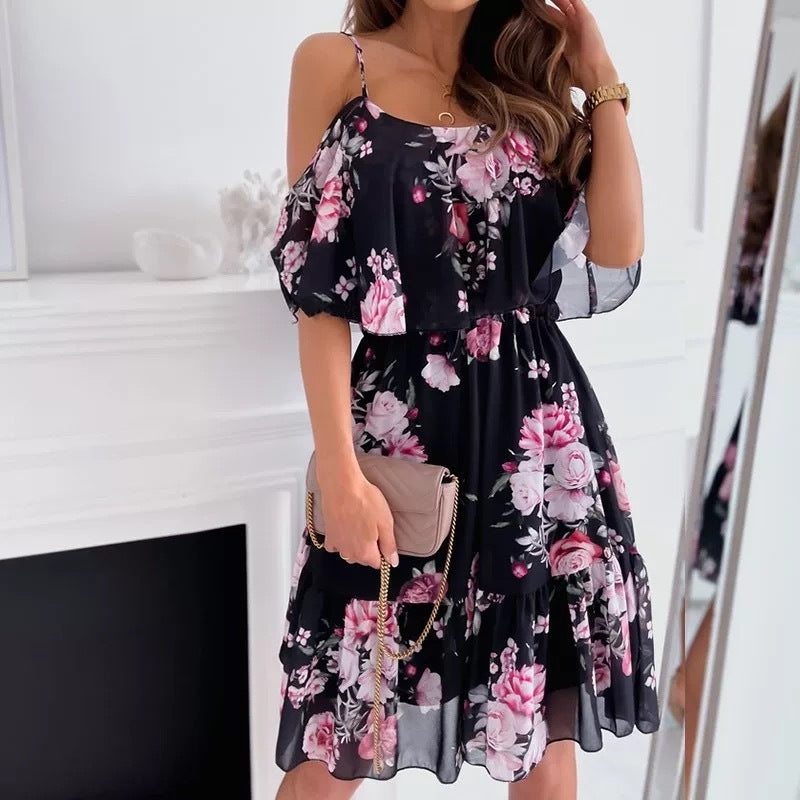 Flower Printed Ruffled Suspender Dress Summer