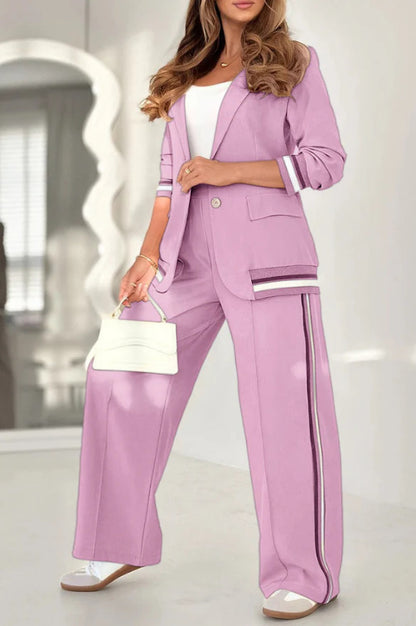2 Pcs Set Women Suit Coat Pants Suit Lapel Long Sleeves