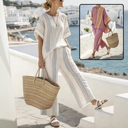 Summer Striped Suits Loose Batwing Sleeve