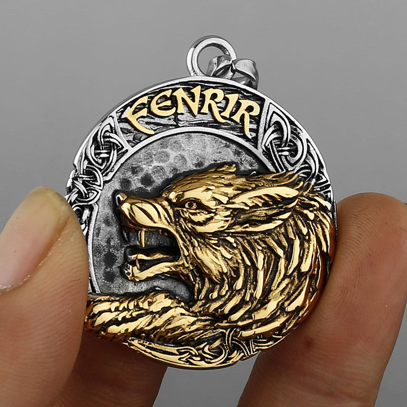 Viking Golden Wolf Fenrir Titanium Steel Pendant Nordic Letters