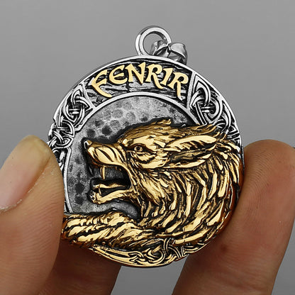 Viking Golden Wolf Fenrir Titanium Steel Pendant Nordic Letters
