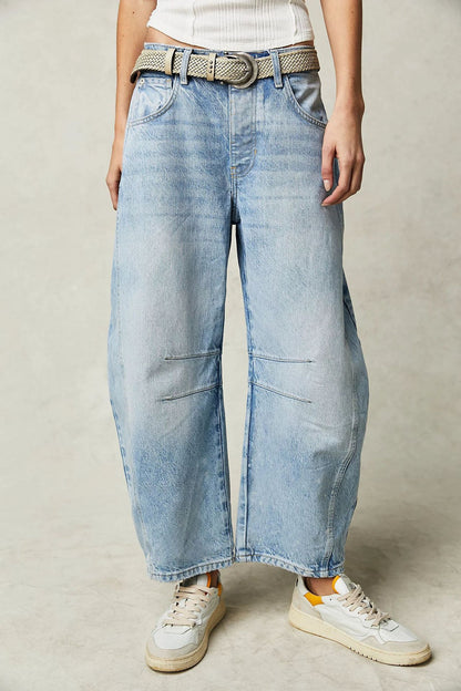 High Stretch Mid-Rise Barrel Jeans Fashion Wide Leg