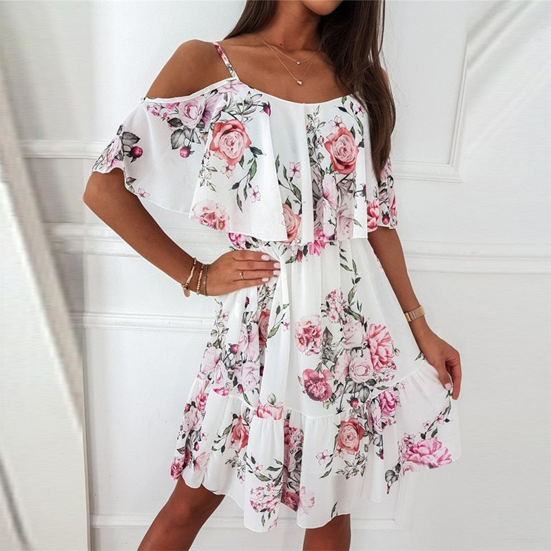 Flower Printed Ruffled Suspender Dress Summer