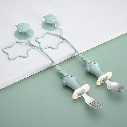 Infant Stainless Steel Training Spoon Fork Silicone Anti-drop Children's Spoon Suction Cup Anti-drop Chain