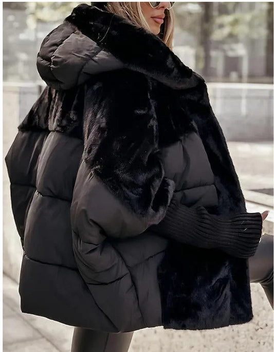 Women's Loose Cotton Coat Faux Fur Patchwork Winter Coat