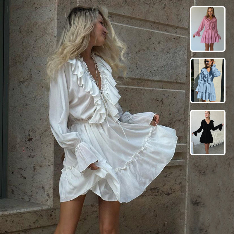 Fashion V Neck Pleated Ruffle Long Sleeve Dress