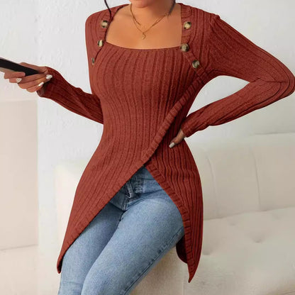 Square Collar Irregular Knitted Top With Button Design Fashion