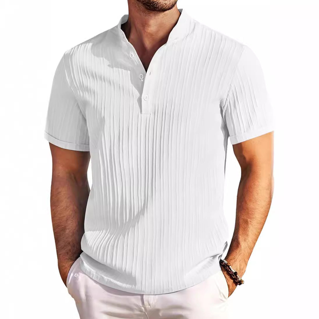 Summer Stand Collar Buttons Short Sleeve T-shirt Solid Color