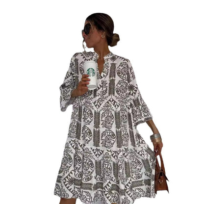 Autumn Casual Print Vacation Loose Dress Women Fashion