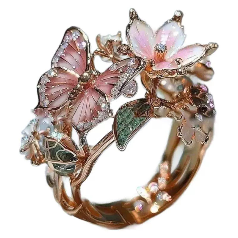 INS Flower Butterfly Ring With Rhinestones Jewelry