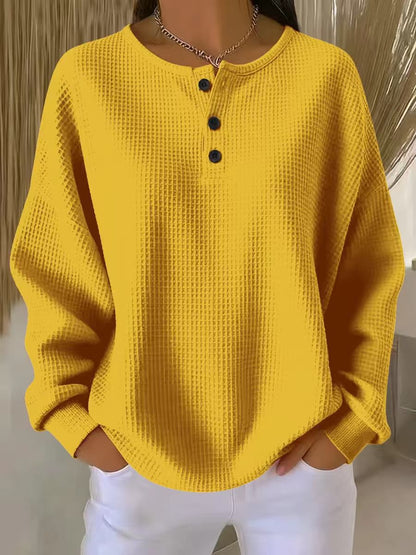 Ins Waffle Long-sleeved T-shirt Fashion Solid Color Buttons