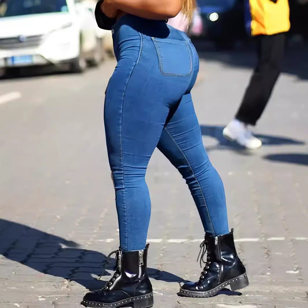 Spring Autumn Women's Skinny Fit Denim Jeans Solid Color High