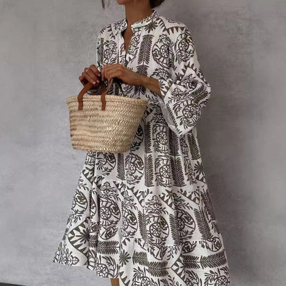 Autumn Casual Print Vacation Loose Dress Women Fashion