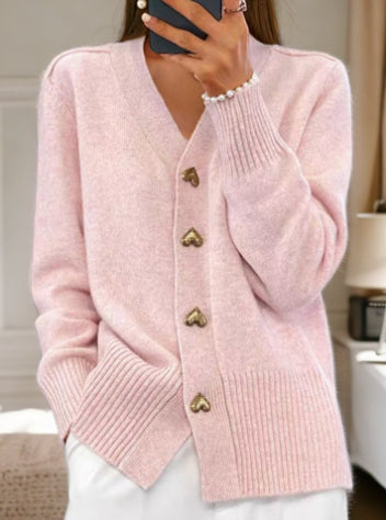 V-neck Knitted Sweater With Love Button Fashion Solid Long-sleeved