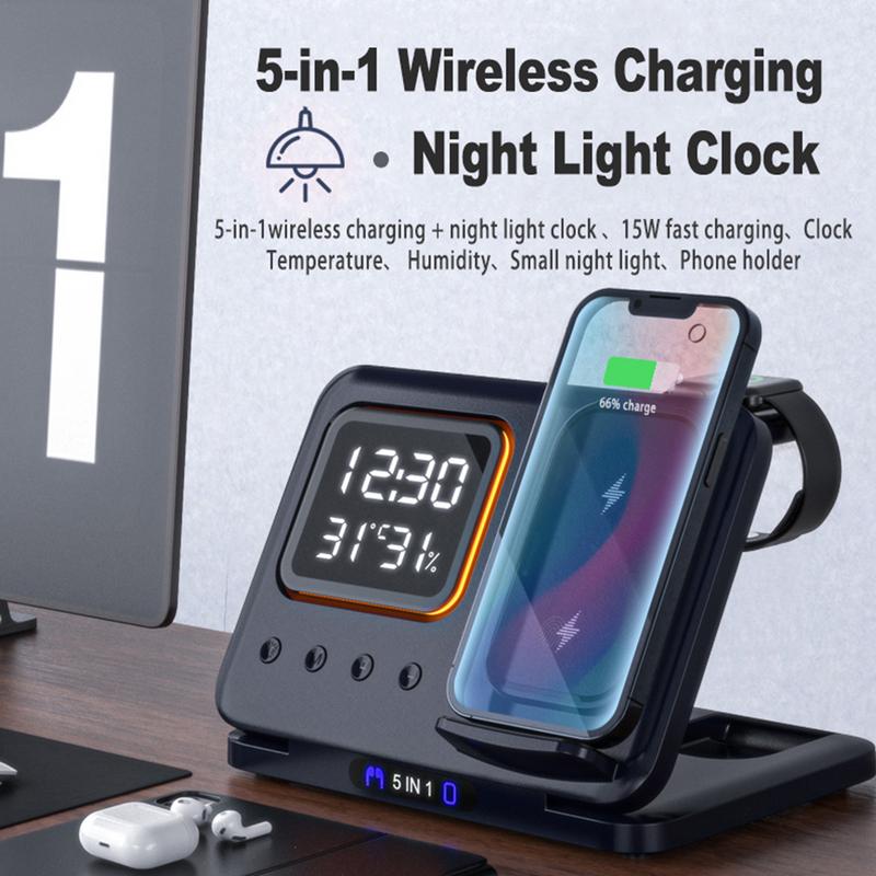 15W Wireless Chargers Stand 5 In1 LED Digital Alarm