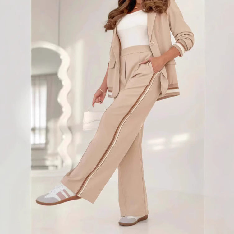 2 Pcs Set Women Suit Coat Pants Suit Lapel Long Sleeves