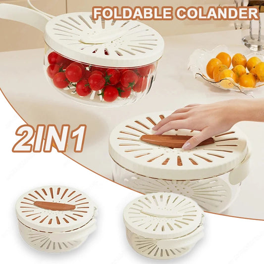 Fruit Drain Basket With Lid Vegetable Washing Bowl Foldable Handle