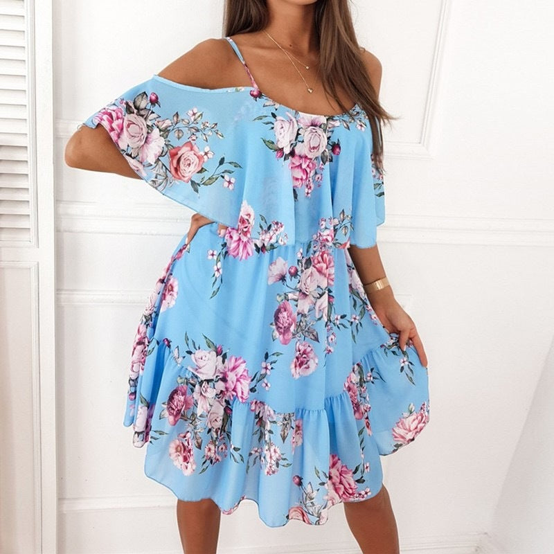 Flower Printed Ruffled Suspender Dress Summer